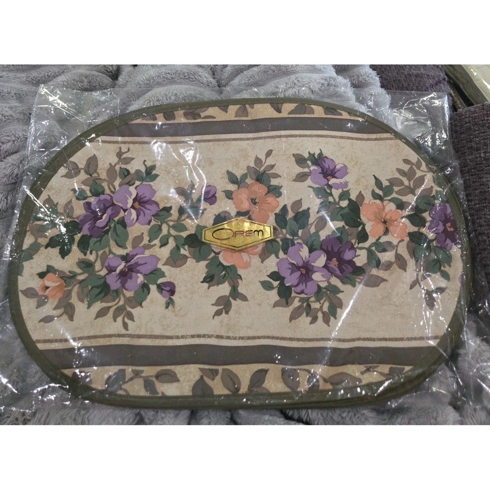 Orem Floral Oval Placemat Set Olive Green Purple Peach Cottagecore Vintage Style